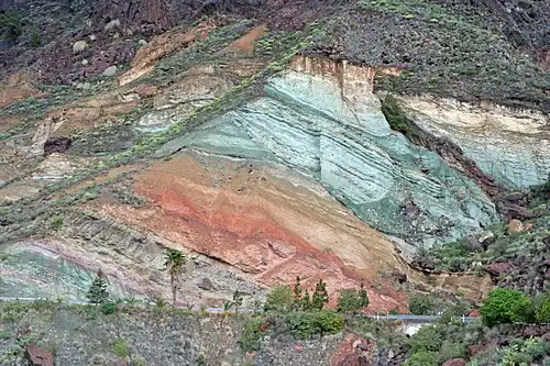 Hydrothermally-altered Miocene intra-caldera tuff layers at Fuente de los Azulejos near Tasarte, Gran Canaria[309]