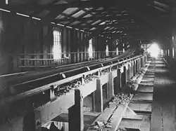 Interior view of the ore conveyor above the six bedding bins. The movable chute on the conveyor is visible at the far end. (1912)