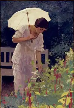 Woman with Umbrella, Ipolit Strâmbu, 1927. Designers used multiple hemlines (here, tiers of ruffles) to accustom the eye to longer skirts. This dress foreshadows the higher waist and feminine look that spread to everyday fashion by the early 1930s.