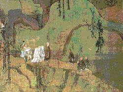 Two groups of figures meet on a mountain path.
