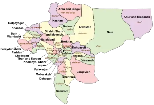 Location of Isfahan County in Isfahan province (center, green)