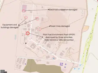Map showing the locations of Israeli airstrikes on the Natanz Nuclear Facility