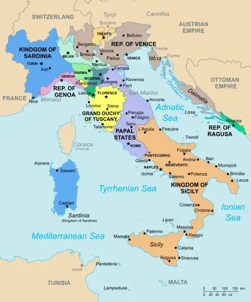 Image 16Map of the Italian peninsula in 1796, showing the Papal States in central Italy coloured purple (from Vatican City)