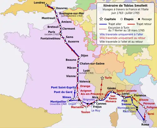 schematic map showing the stages of the journey, outward and return, from London as far as Rome