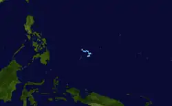 A track map showing the path of a tropical depression over the western Pacific Ocean. The path is short and erratic, occurring within a small area; the shape resembles that of a pirate's hook.
