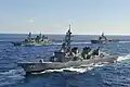 Samidare in formation with JS Ikazuchi, JS Uraga, and JS Kunisaki, 21 December 2020.