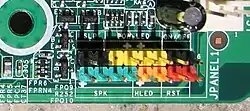 Motherboard front panel connector for PC speaker, power and reset buttons, and power and HDD-activity LEDs.