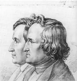 Pencil drawing showing Wilhelm Grimm (left) and Jacob Grimm in side profile, drawn by their younger brother Ludwig Emil Grimm in 1843.