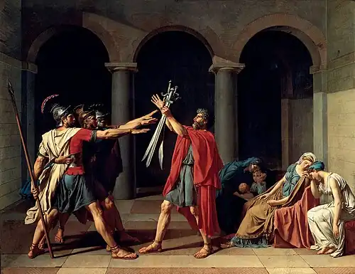 Oath of the Horatii; by Jacques-Louis David; 1784; oil on canvas; height: 330&nbsp;cm, width: 425&nbsp;cm