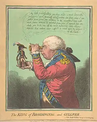 A span-high Napoleon stands on the outstretched hand of a full-size George III, who peers at him through a spy-glass.