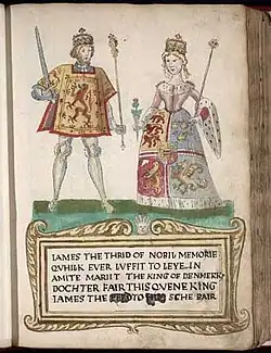 A picture on a page in an old book. A man at left wears tights and a tunic with a lion rampant design and holds a sword and sceptre. A woman at right wears a dress with a heraldic design bordered with ermine and carries a thistle in one hand and a sceptre in the other. They stand on a green surface over a legend in Scots that begins "James the Thrid of Nobil Memorie..." (sic) and notes that he "marrit the King of Denmark's dochter."