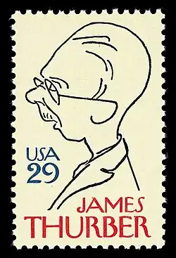 A 29 cent stamp showing a profile cartoon bust of a man with glasses and a moustache, captioned "James Thurber"