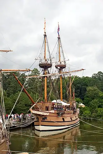 Replica of the 17th century Susan Constant flying a Union flag in the main topmast and flag of England in the fore topmast