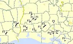 Image 30Map of tornadoes across Southeast Texas and southern Louisiana from January 1–2. (from Tornadoes of 1999)
