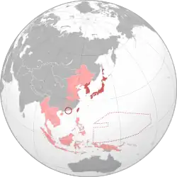 The Hong Kong occupation zone (dark red) within the Empire of Japan (light red) at its furthest extent