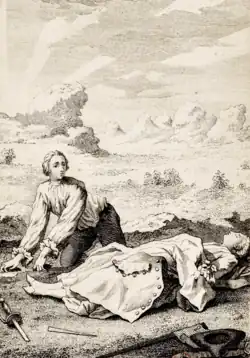 Black and white etching of de Grieux on his knees, beginning to dig, broken sword on the ground, looking sadly at Manon's body