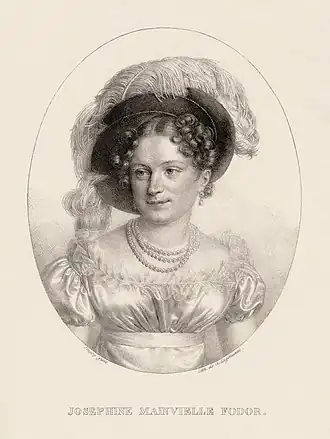 Image 4 Joséphine Fodor Lithograph credit: Jean-Baptiste Singry; restored by Adam Cuerden Joséphine Fodor (13&nbsp;October&nbsp;1789 or in&nbsp;1793&nbsp;– 10&nbsp;August&nbsp;1870) was a French lyrical artist (soprano) with Hungarian and Dutch ancestors. Her family moved to Saint Petersburg when she was an infant, probably because of the French Revolution. After marrying in 1812, Fodor and her husband moved back to France when Saint Petersburg came under attack during the French invasion of Russia. She performed roles for the Opéra-Comique in Paris, later being engaged by the Comédie-Italienne, and also appeared in London, Venice, Naples and Vienna. Experiencing problems with her voice, she gradually ended her operatic career and withdrew from the stage. This lithograph depicts her in 1815. More selected pictures
