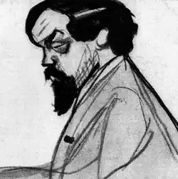 Pencil caricature showing Debussy in profile.