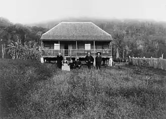 Jensen house, Charlwood, 1898. Pictured are Mr and Mrs Reiner Jensen with sons Peter and Claus, daughter Ida (Mrs Turner) and grandson James Turner.