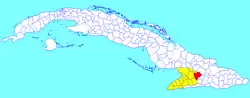 Jiguaní municipality (red) within Granma Province (yellow) and Cuba