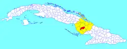 Jimaguayú municipality (red) within Camagüey Province (yellow) and Cuba