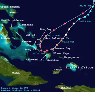 Map showing Joaquin's clockwise looping path over the southeast Bahamas as a major hurricane.