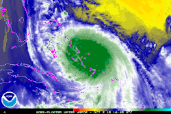 Animation of satellite imagery showing Joaquin moving slowly north through the Bahamas.