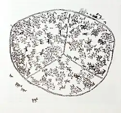 A black-and-white illustration of people and reindeer gathered inside a fenced, oval enclosure divided into several compartments.