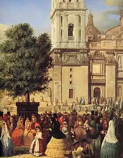 The Swiss artist Johann Salomon Hegi painted the Paseo de las Cadenas in 1851; the sun stone is distinguishable below and to the right of the ash tree foliage