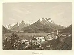 Samedan c. 1870 with the Bernina hotel (opened in 1865), one of the oldest hotels in the Engadin.[3] Etching by Heinrich Müller