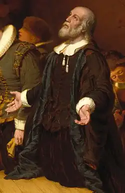Crop of an Oil painting of 17th century Puritans in prayer
