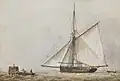 "A trading cutter shortening sail as members of her crew carry a mooring rope to a wooden dolphin nearby", pen, Indian ink and watercolour