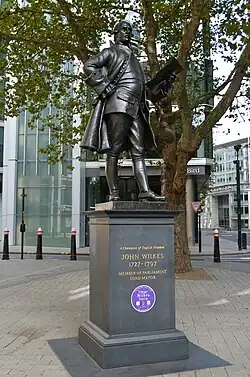 Statue of John Wilkes, radical politician in London. Unveiled on 31 October 1988.