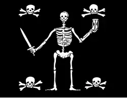 Anne Bonny and Mary Read's Jolly Roger depicted on the front cover of Daniel Defoe's Historie der Zee-Roovers, 1725, showing a skeleton holding an hourglass and a sword and flanked by four death's heads [75]