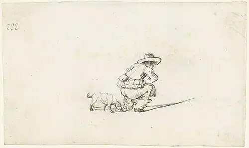 Boy squatting to relieve himself next to a dog, c. 1656