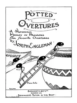 A cartoon of musical notes, with faces, climbing a ladder to jump into an ornate ceramic pot. Overlaid with the title, and "Bosworth & Co Ltd., London W.1."