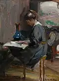 Interior with Woman Reading, Oil on Board 30.5x23.5cm