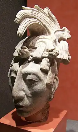 Portrait of K'inich Janaab Pakal I (Maya; 615–683; stucco; height 43&nbsp;cm; National Museum of Anthropology[72]