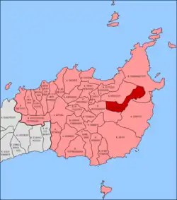 Map of east Crete. Karydi is in red; Lasithi in pink and red
