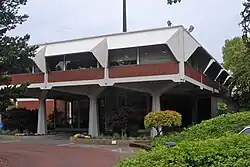 A two-story, midcentury modern building