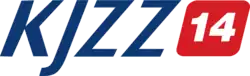 The blue italicized letters "KJZZ" next to a red box containing a white "14"