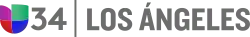 At left, the Univision logo, consisting of red, purple, green and blue blocks in the shape of a U. At right, a gray 34 in a sans serif. It is divided by a gray vertical bar from the words "Los Ángeles" in a condensed gray sans serif.