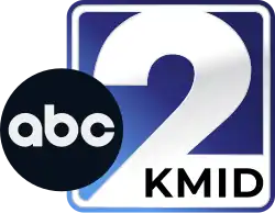 A blue rounded rectangle containing a large white sans serif 2, in which the letters KMID are nestled on the lower right. The ABC network logo sits to the left, overlapping the rectangle.