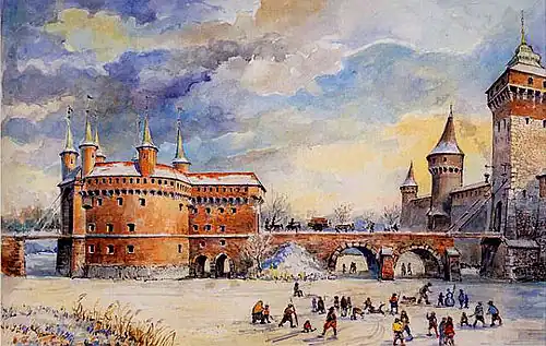 Barbican's defensive walls and the connecting bridge from before their 19th century dismantlement