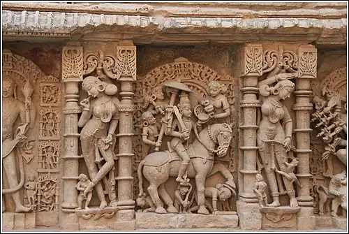 Kalki incarnation (centre), women with lipstick or twig (left), and with monkey (right)