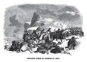 "Exodus of 500.000 Kalmyks to China in 1771", led by Ubashi Khan. Engraving by Charles Michel Geoffroy.