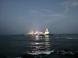 Night view of glass bridge connecting Vivekananda rock memorial with Thiruvalluvar statue