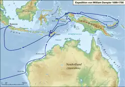 A topographical map of Australia, the eastern Malay Archipelago, New Guinea and the Solomon Islands, with the path of the sailing ship Roebuck, captained by William Roebuck, displayed as a series of dark blue arrows