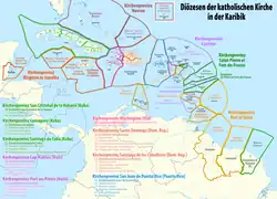 Map of the ecclesiastical provinces and dioceses of the Catholic Church in the Caribbean