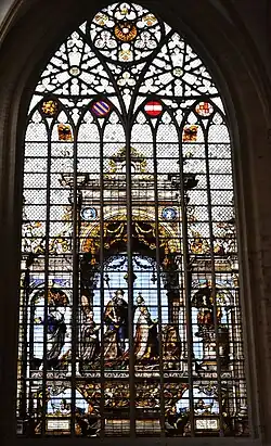 Charlemagne protecting Charles V, window by Jan Haeck after Bernard van Orley, 1538, Brussels Cathedral